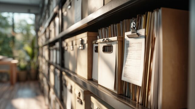 Sunlit wooden archive drawers with clipboards, shallow depth of field highlights textured paper and brass hardware, labeled folders and hanging index cards, warm golden tones, dusty patina suggesting