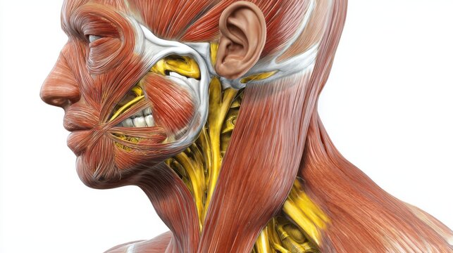 Detailed medical visualization shows the muscular and nervous structure of the human head and neck.