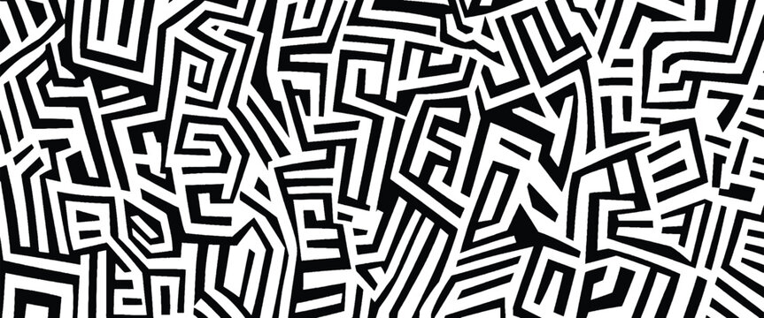 Black and white abstract geometric maze pattern with sharp angles and varied line widths