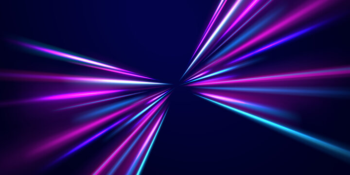 Cyber speed corridor with bright blue illumination, dynamic light trails and futuristic render style for studio and stage backgrounds