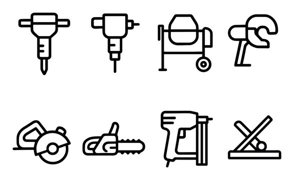 Construction tools icons with jackhammer mixer saw outline