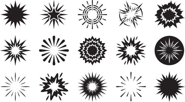Collection of comic explosion burst shapes and sunburst radial line elements for graphic design.