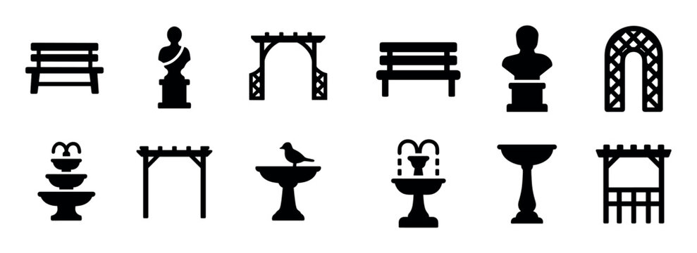 Garden icons with bench fountain arch minimal