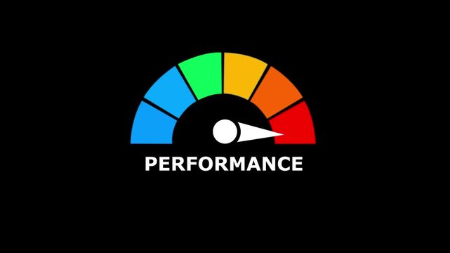 A colorful semi circular performance gauge with a white needle pointing to the right side on a solid black background for data visualization