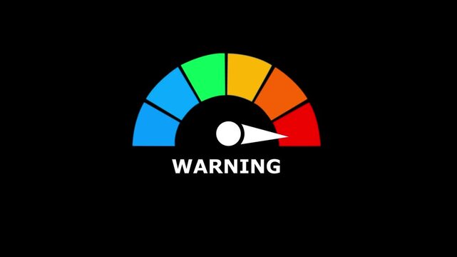 Gauge meter with a white needle pointing to the warning level on a segmented color scale against a black background