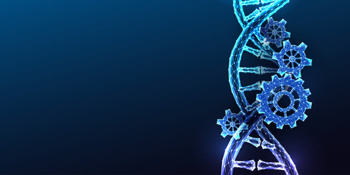Gene therapy and genetic engineering concept with DNA helix and gears on dark blue background.