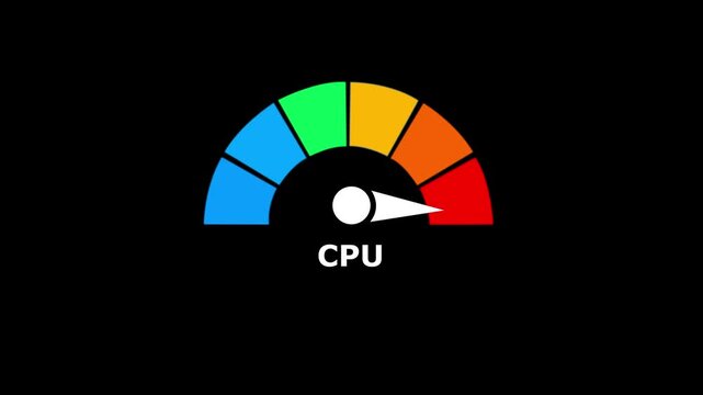 Semicircular gauge with a white needle pointing to the red section and the word cpu displayed in white text on a black background