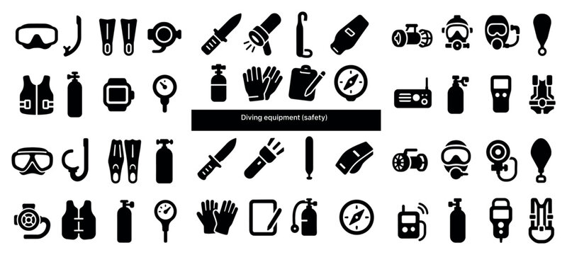 Diving icons with mask fins tank solid