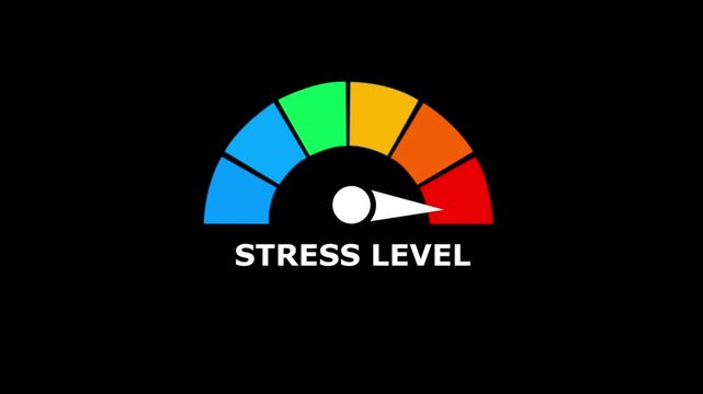 A graphical speedometer showing stress level with a colorful gauge on a black background representing mental health and emotional state