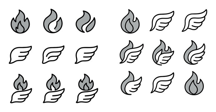 Flame icons with wings fire leaf outline