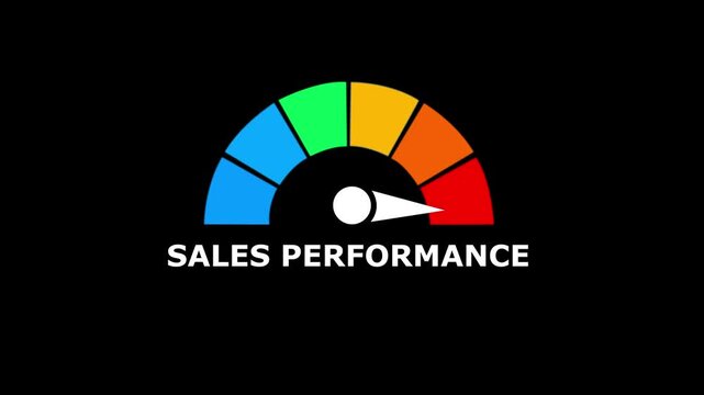 Sales performance gauge with a white needle pointing to the red zone on a black background representing revenue tracking