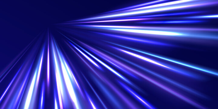 Modern night traffic illustration showing glowing street lights, abstract motion smearing and futuristic vehicle movement through vibrant downtown highway scenery