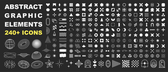 Abstract graphic elements mega pack with modern geometric icons, futuristic wireframe shapes, retro y2k symbols and decorative vector design elements for branding, social media, posters, web, stickers © Anna (Bile Platno)