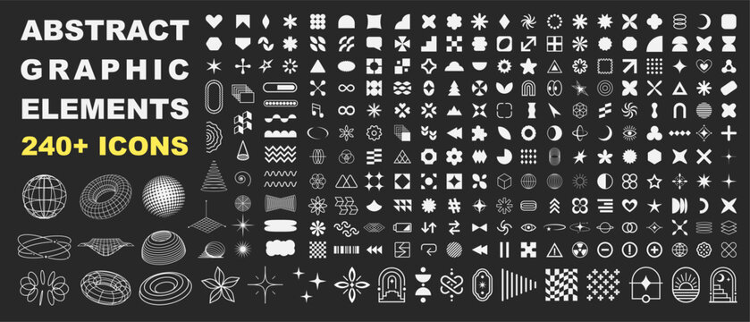 Abstract graphic elements mega pack with modern geometric icons, futuristic wireframe shapes, retro y2k symbols and decorative vector design elements for branding, social media, posters, web, stickers