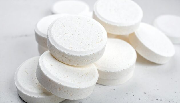 A detailed close up view of round white effervescent tablets arranged in a pile on a textured surface, showcasing the porous and chalky composition of these medical or dietary supplement items.