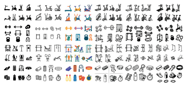 Fitness icons with treadmill dumbbell kettlebell outline