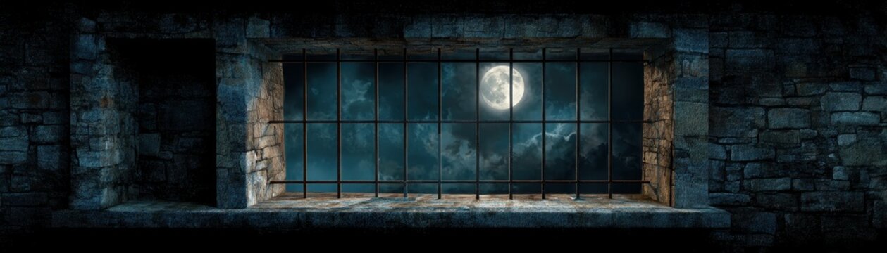 full moon shines brightly in the night sky visible through  stone prison window with iron metal bars