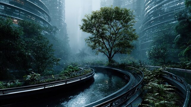Futuristic Solarpunk Green City With Urban Forest and Water Canal. Generative AI