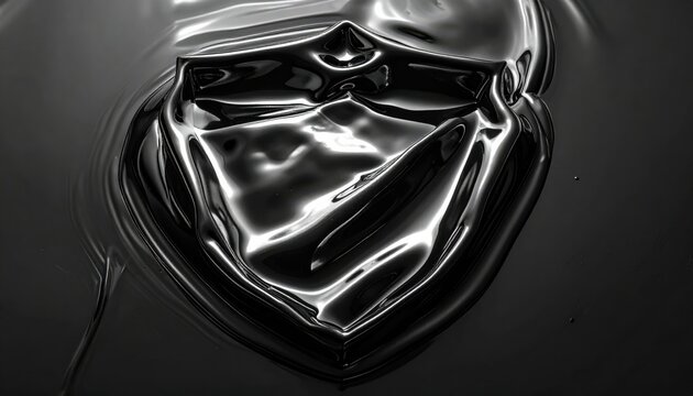 Abstract liquid metal shield formation in cinematic widescreen, featuring glossy chrome ripples and fluid dynamics. This reflective dark surface creates a bold security icon for digital designs.