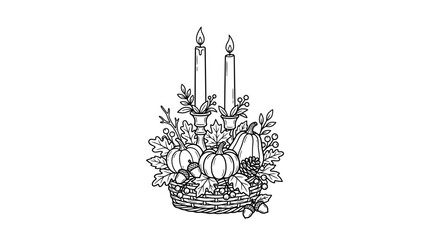 Autumn harvest centerpiece with candles and pumpkins line art illustration. © Handi