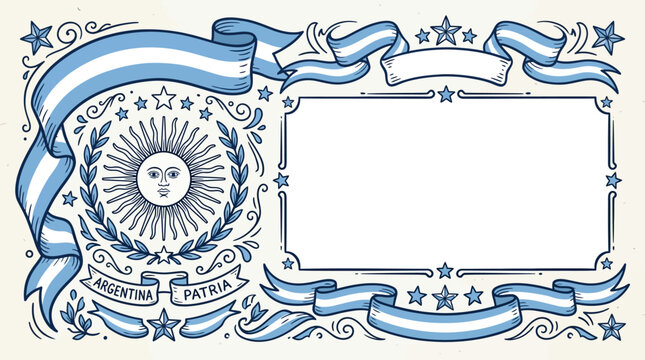 Argentina Patriotic Decorative Frame with Sun of May and Blue Ribbons.
