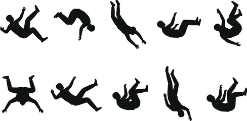 Obraz premium Human Figure Falling Down Action Silhouette Collection Vector Illustration Set Featuring Various Dynamic Poses of Person Falling, Tripping, Dropping and Tumbling in Black Shadow Style