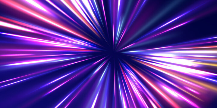 High velocity motion tunnel with glowing radiance, digital information stream, neon energy lines and futuristic technology atmosphere