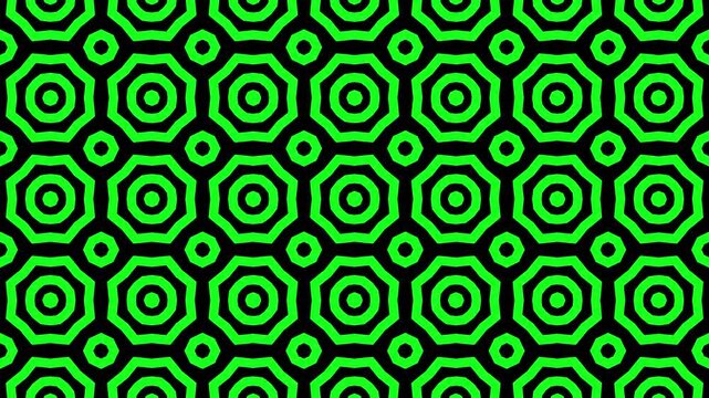 Vibrant green geometric pattern with hexagons and circles on black background