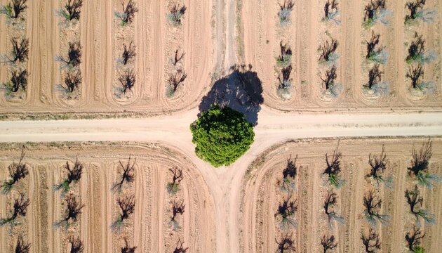 Aerial view of  lone green tree standing at the intersection of dirt paths in an arid agricultural field