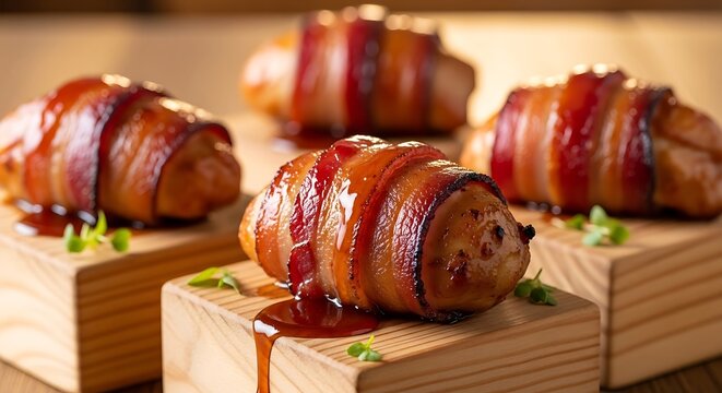 Savory roasted meat rolls wrapped in smoked pork strips resting on wooden blocks with glaze dripping