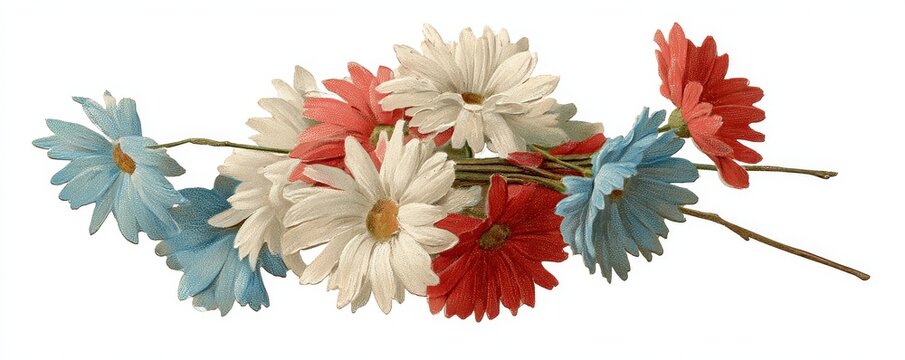decorative arrangement of vintage style blue white and red daisy flowers