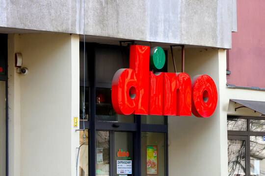 Wroclaw, Poland, April 5, 2026: Dino Supermarket Signage on Urban Streetfront for Retail Advertising Design
