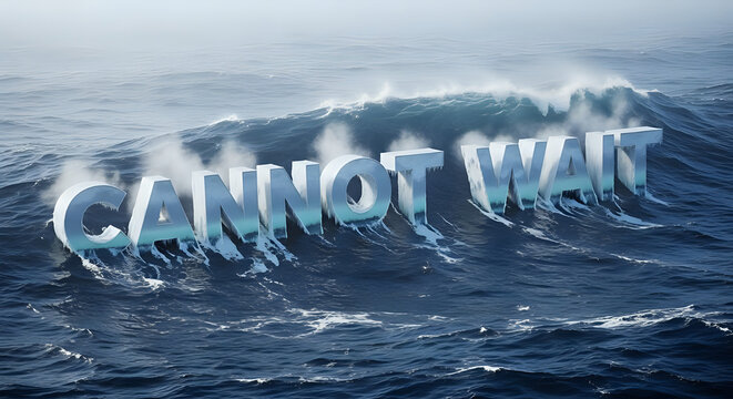 Text cannot wait emerging from ocean waves and mist with environment impatient anticipation excitement crashing