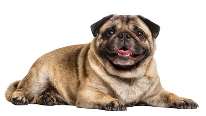 Obraz premium Tan and Black Lying Pug Dog with Wrinkled Face and Open Mouth