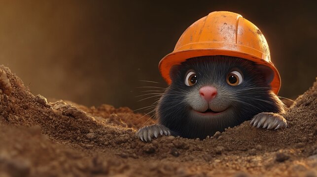 A cute little mole wearing an orange hard hat peeking out from the dark soil ground