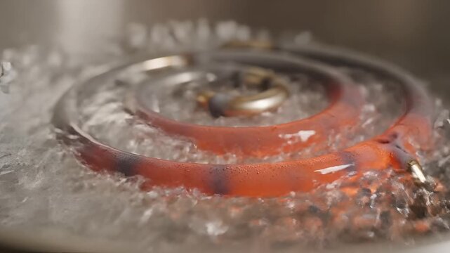 Closeup of a heating element boiling water in a pot.