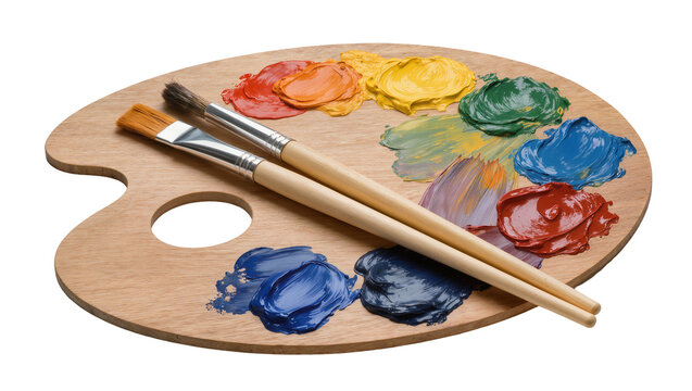 Wooden Artist s Palette with Paint Dabs and Two Paintbrushes