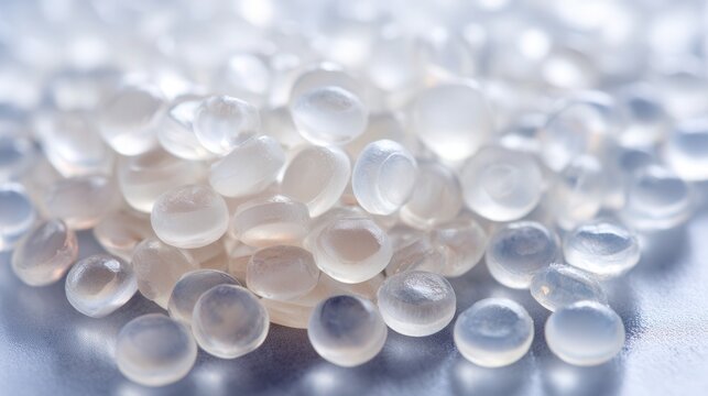 Closeup translucent polymer pellets on tray, soft backlight highlighting glossy surfaces, microtexture and spherical forms visible, sterile laboratory sampling for quality inspection, raw material