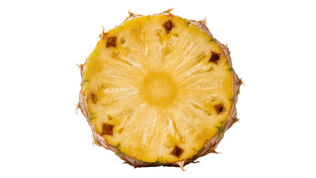 Cross-section ripe pineapple with spiky crown and juicy flesh