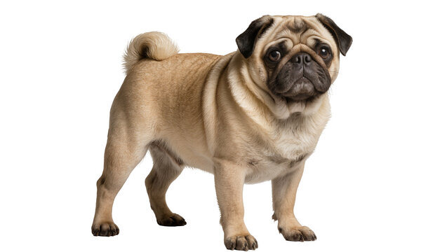 Tan adult Pug dog standing facing left with curled tail