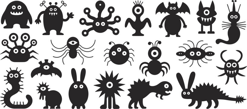 Collection of black silhouette cartoon monsters and creatures with big eyes and teeth