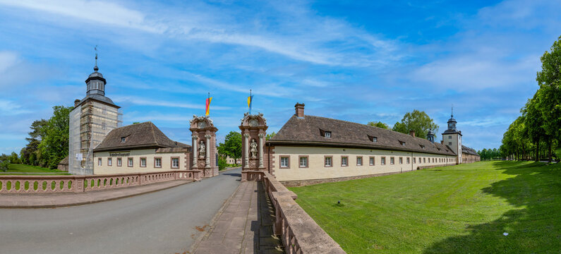 entrance bridge with open gate  to corvey cloister, castle and church, a unesco world heritage site in H&ouml;xter, Germany.