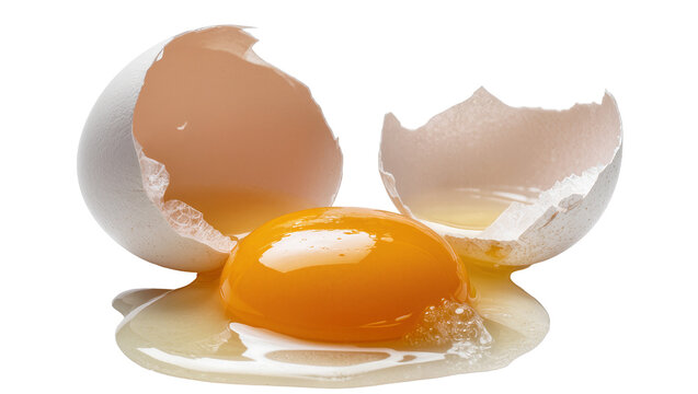 Cracked eggshell revealing bright yellow yolk and clear albumen