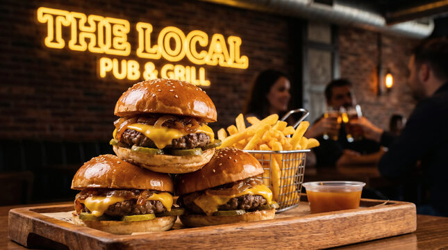 Gourmet cheeseburgers with fries on a wooden tray in a cozy pub