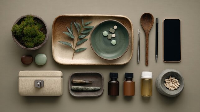 Holistic Wellness Flat Lay with Supplements and Natural Care Tools. Generative AI