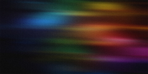 Dark moody abstract background with soft glowing light trails in shades of purple red blue green and gold with grainy texture. © MdAshraful