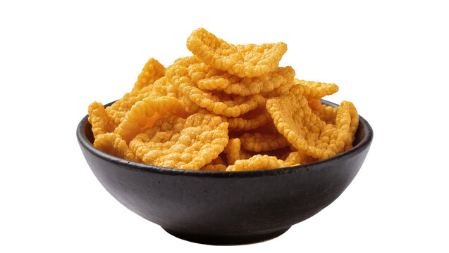 Orange crispy shrimp chips overflowing from black ceramic bowl