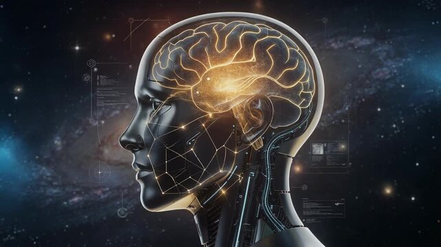 Futuristic robotic head glowing with neural light exploring technology and human consciousness connection