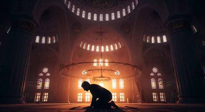 Person kneeling in prayer inside a grand mosque with ornate architecture.