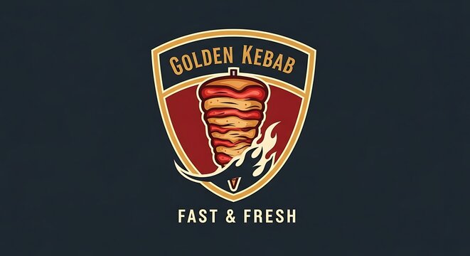 Restaurant emblem design featuring rotating meat on a vertical spit with surrounding flames